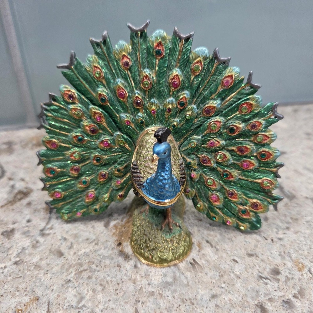 Vintage Bejeweled Enamelβ Peacock Trinket Box Hinged Figurine Jeweled Display